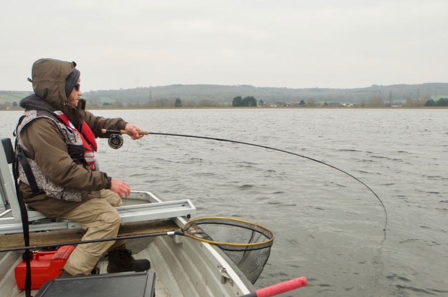action Farmoor reservoir trout fly fishing
